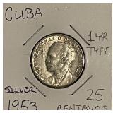 Silver Cuba Rep. 1953 25 Centavos