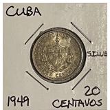 Silver Cuba Rep. 1949 20 Centavos
