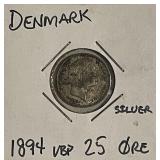 Silver 1894 Denmark 25 Ore