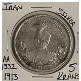 Silver 1913 Iran 5 Krans