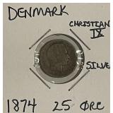 Silver 1874 Denmark 25 Ore