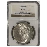 Cert. MS64 1881S Silver Morgan Dollar