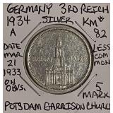 Silver 1934A Germ. 3rd Reich 5 Mark