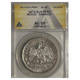 Cert. AU55 1872 Zs.H Zacatecas Mex. Peso