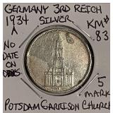 Silver 1934A Germ. 3rd Reich 5 Mark