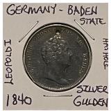 Silver Baden Germany 1840 Gulden - w/hole