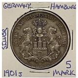 Silver Hamburg Germany 1901J 5 Mark