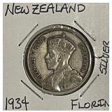 Silver 1934 N.Zealand Florin