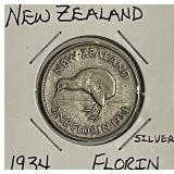 Silver 1934 N.Zealand Florin