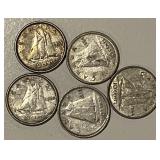 (5) Silver Canada 10 Cents (1943-1964)