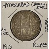 Silver India State Hyderabad 1913 Rupee