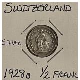 Silver 1928B Swiss 1/2 Franc