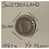 Silver 1882B Swiss 1/2 Franc