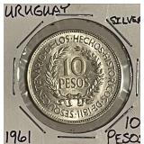 Silver 1961 Uruguay 10 Pesos