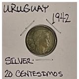 Silver 1942 Uruguay 20 Centimos