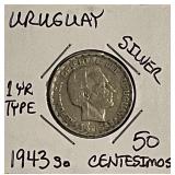 Silver 1943So Uruguay 50 Centimos