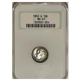 Cert. MS67 Silver 1952 Roos. Dime