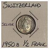 Silver 1950 Switz. 1/2 Franc