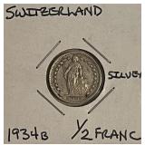 Silver 1934 Switz. 1/2 Franc