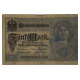 1917 Germany 5 Mark Banknote