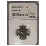 Cert. MS62BN 1884 G.B. 1/4 Penny