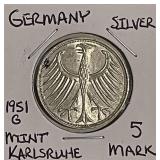 Silver 1951G Germany 5 Mark