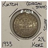 Silver India State Kutch 1933 2 1/2 Kori