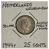 Silver 1944 Netherlands 25 Cents