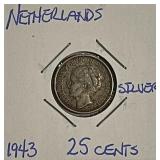 Silver 1943 Netherlands 25 Cents