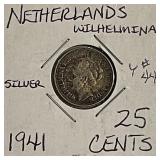 Silver 1941 Netherlands 25 Cents