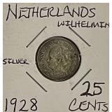 Silver 1928 Netherlands 25 Cents