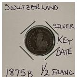 Silver 1875B Swiss 1/2 Franc