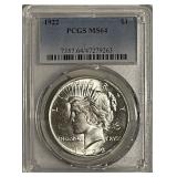 Cert. MS64 1922 Silver PEACE $1
