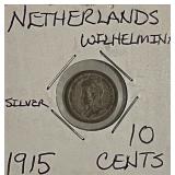 Silver 1915 Netherlands 10 Cents