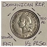 Silver 1951 Dominican R. 1/2 Peso