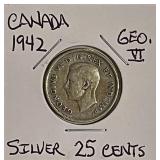 Silver 1942 Canada 25 Cents