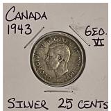 Silver 1943 Canada 25 Cents