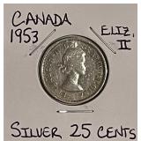 Silver 1953 Canada 25 Cents