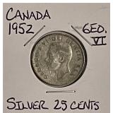 Silver 1952 Canada 25 Cents