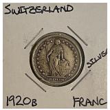 Silver 1920 Switzerland Franc