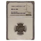 Cert. MS61BN 1844 G.B. Half Farthing