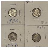 (4) 1950s Silver Roosevelt Dimes