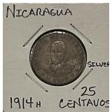 Silver 1914H Nicaragua 25 Centavos