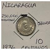 Silver 1936 Nircaragua 10 Centavos