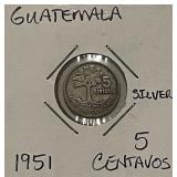 Silver 1951 Guatemala 5 Centavos
