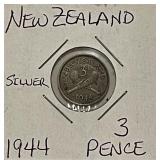 Silver 1944 N.Zealand 3 Pence