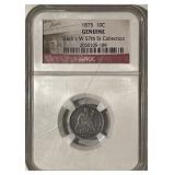 Cert. Genuine 1875 Silver S.L. Dime