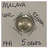 Silver UNC 1941 Malaya 5 Cents