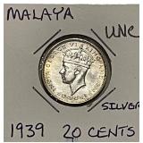 Silver UNC 1939 Malaya 20 Cents