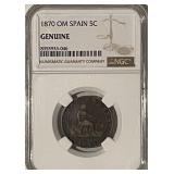 Cert. Genuine 1870 OM 5 Centesimos Spain